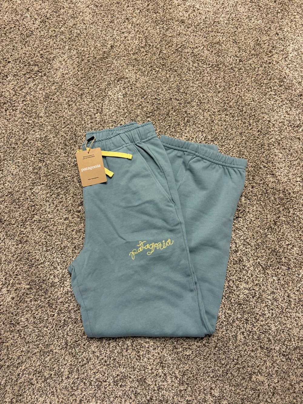 Patagonia Blue Sage Sweatpants with Yellow Drawstring